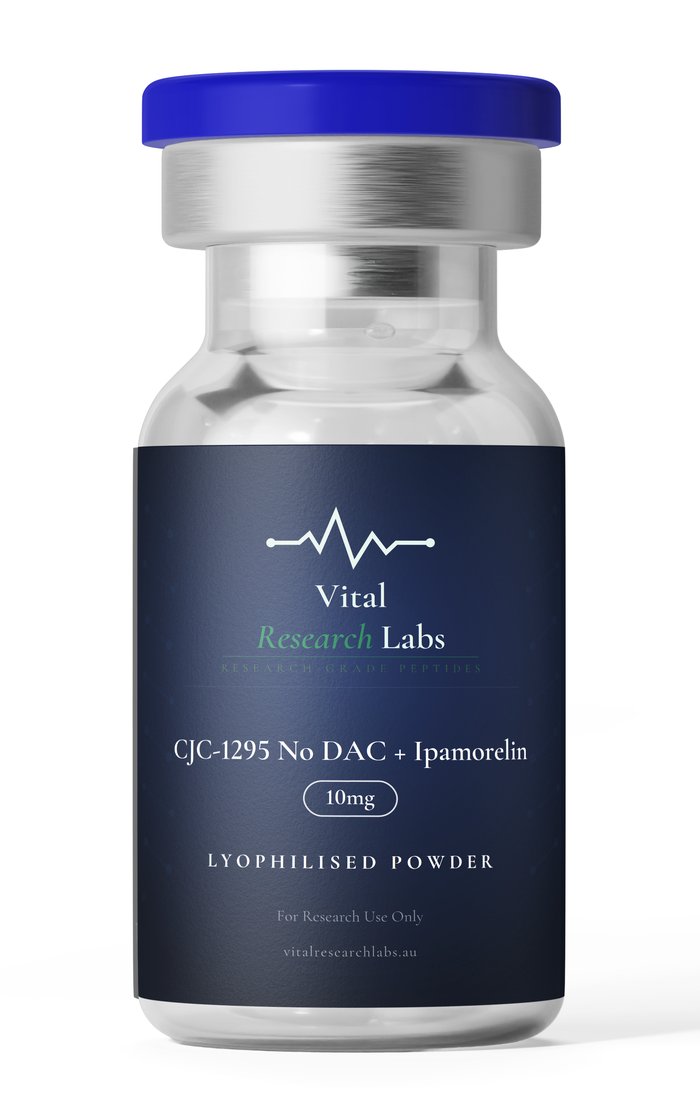 CJC-1295 No DAC + Ipamorelin (5mg + 5mg) research peptide vial, lyophilised powder, research-grade, Vital Research Labs Australia